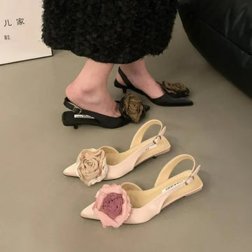 Xajzpa New Flower Designer Sandals Women Elegant Satin Mule Shoes Summer Pointed Toe Pumps Low Heel Flowers Slingback Sandals Female